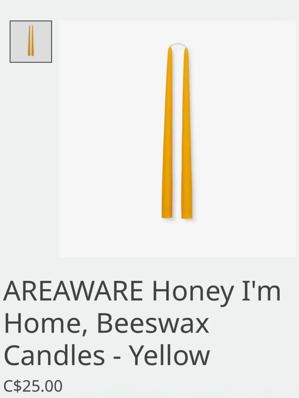 Honey I'm Home Beeswax Taper Candles - Yellow set of 2